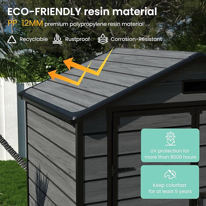 UDPATIO Outdoor Resin Storage Shed 6x4.5 FT, Plastic Garden Shed for Bike, Garbage Can, Tool, Outside Sheds with Lockable Door for Backyard, Patio, Lawn, Dark Grey