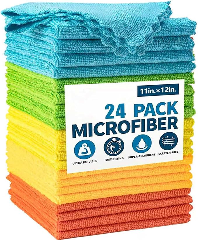 Microfiber Cleaning Cloth, 24 Pack Highly Absorbent Cleaning Rags, Reusable Lint Free Cloths Microfiber Rag for House, Kitchen, Car Care, 11 x12 inch, Multicolor