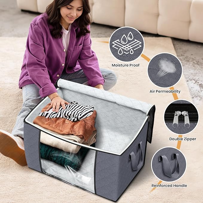 Fab totes 24 Gallons Clothes Storage, Foldable Thick Fabric Blanket Storage Bags, Containers for Organizing Bedroom, Closet, Clothing, Comforter, Organization with Handle (3 Pack,Grey)