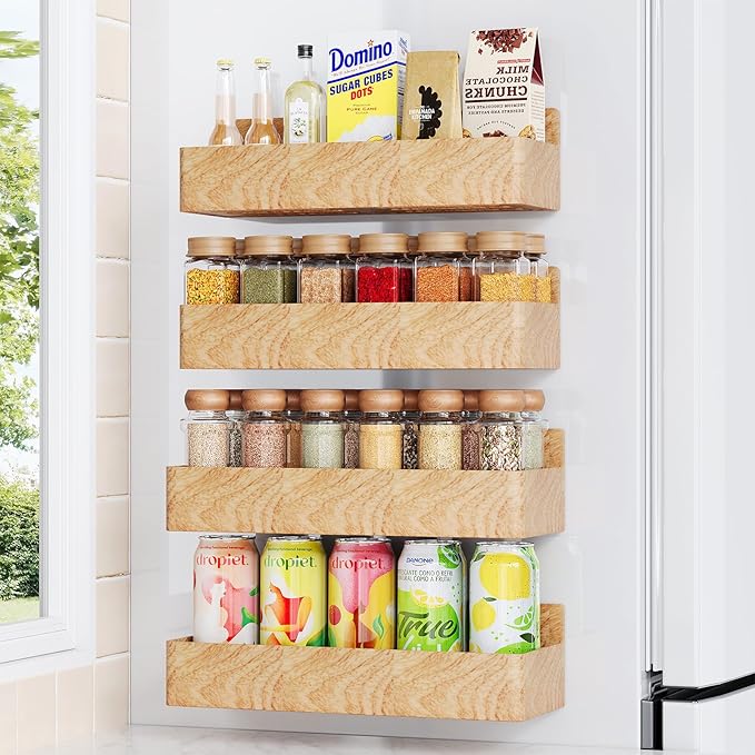 Magnetic Spice Rack for Refrigerator, Kitchen Organizer and Storage Shelf, Woodgrain (4 Pack)…