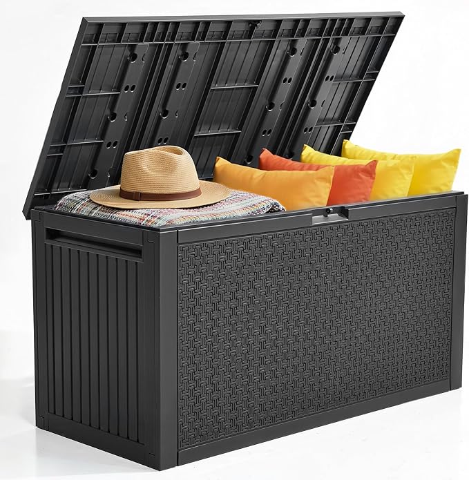 YITAHOME 90 Gallon Outdoor Deck Box, Lockable Resin Deck Box with Handles, Outdoor Storage Box for Patio Furniture, Garden Tools, Waterproof & UV Resistant, Dark Grey