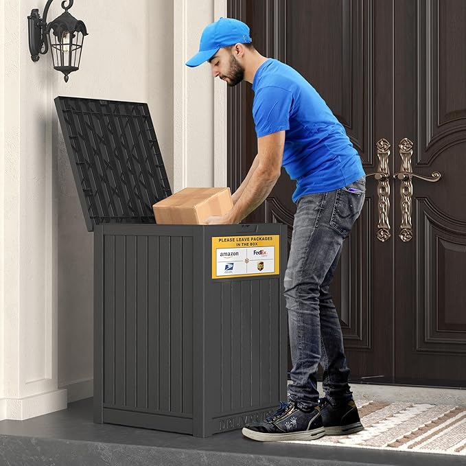 Package Delivery Box for Outside with Sign, 48 Gallon Storage with Lockable Secure, Large Double Wall Resin Outdoor Package Delivery Waterproof