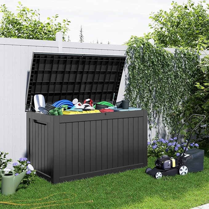 280 Gallon Outdoor Deck Box,Waterproof Resin Outdoor Storage Boxes, Outside Storage Lockable Container for Garden Tools,Indooor Cushions,Accessories (Black)