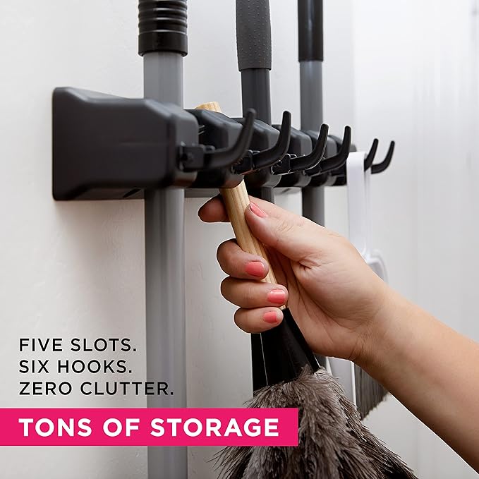 Combo 5 Slot Broom Holder w/ 1 Self Adhesive Mop Gripper No-Drilling, Wall Mount Tool Organizers For Kitchen, Garage, Laundry Room- Anti-Slip Hanger For Brooms, Mops, Rakes, Dustpans (Black / Black)