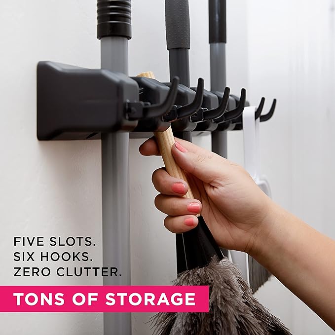 Berry Ave EXTRA GRIP Mop & Broom Holder Wall Mount – Wall Hanging Organizer for Garden Tools, Closet, and Utility Storage, Includes Hardware, Fits Standard Brooms & Mops