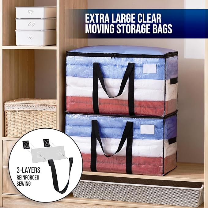 TAILI Extra Large Moving Bags, 4 Pack Clear Heavy Duty Totes for Storage with Visible Window, Wrap Around Handles, Storage Bags for Space Saving, Alternative to Moving Boxes