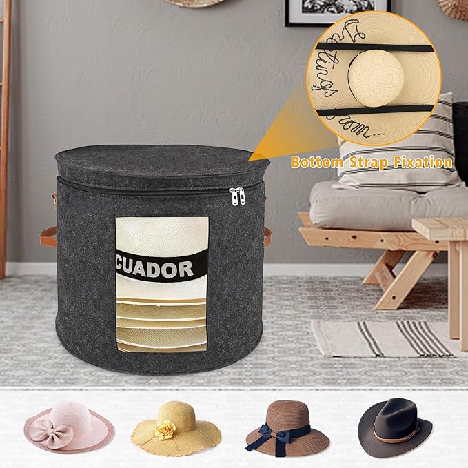 Large Hat Storage Box for Women & Men, 19" D x 17" H Oversized Hat Box Organizer，Foldable Round Travel Hat Boxes with Dustproof Lid, Stuffed Toy Storage Bin Bag (Dark Gray)