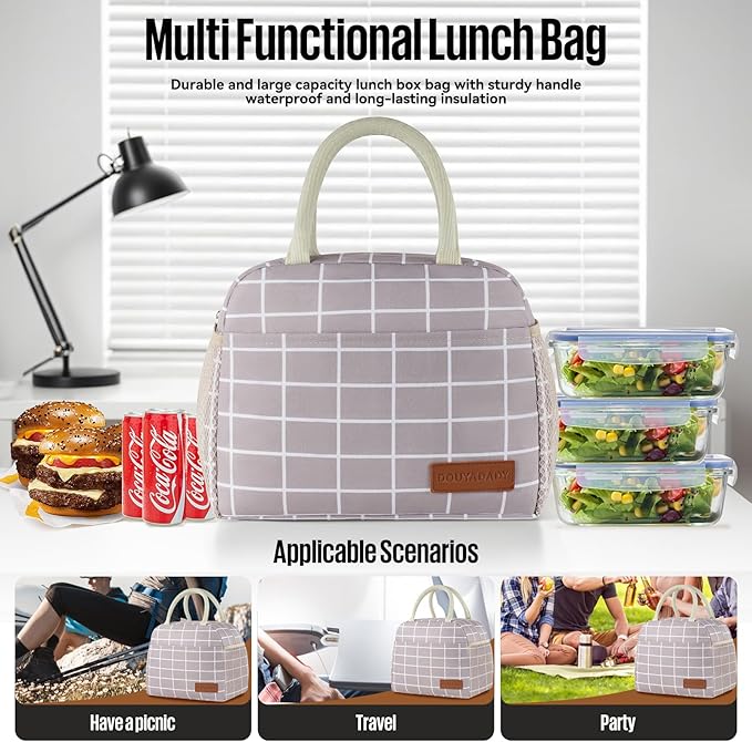 Lunch Bag Women/Men Lunch Box Women/Men (Grey+White Blocks)
