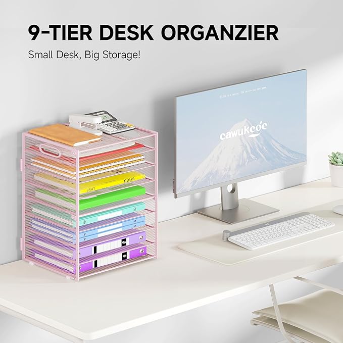 9 Tier Paper Organizer with Handle, Pink Large Capacity Desk Organizer Mesh File Folder Letter Paper Tray Desktop Document Sorter for Classroom, School, and Office Accessories Organization