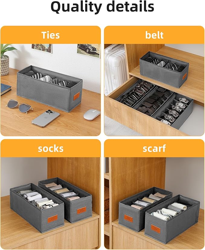 4 PCS Belt Organizer for Closet, 6 Grids Belt Holder, Washable Belt Box, Foldable Tie Organizer for Men, Belt Storage for Drawer (Grey, 13.38inch)