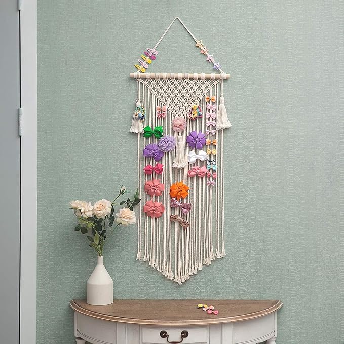 Macrame Hair Bow Holder Hanging Hair Clips Hanger Headband Storage Organizer Fringe Boho Wall Decor Tassels Bow Organizer for Room Ornament Decoration