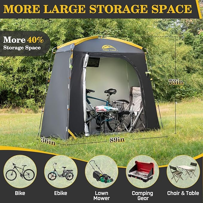 Happy Travel Bike Storage Shed Tent, Waterproof Portable Bike Cover with 40% More Top Space for 2/3/4/5 Bikes,Clips Easy Setup Sheds Shelter with Lockable Bicycle Design for Garden Tools, Lawn Mower