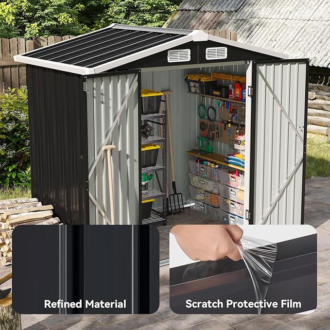 Aoxun 6.2x4 FT Shed Outdoor Galvanized Storage Shed with Large Lockable Doors for Lawn, Backyard, Patio (Black)