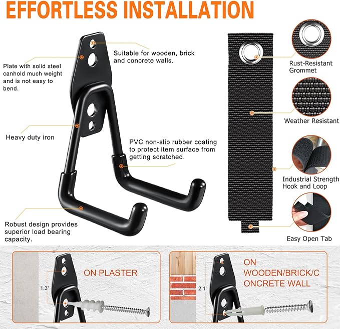18 Pack Garage Hooks Heavy Duty Utility Steel with Anti-Slip Coating Wall Mount Storage Organizer for Hanging Power and Garden Tools, Ladders, Hose, Bikes, Ropes, Bulk Items, and More