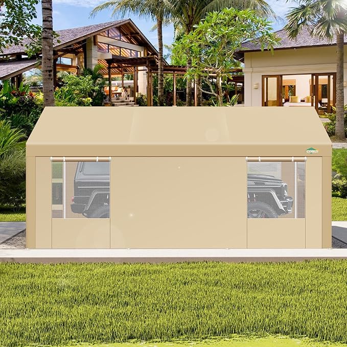 COBIZI 10x20ft Carport Heavy Duty, Portable Garage with Removable Sidewalls, Ventilated Windows & Built-in Sandbags, Waterproof Car Canopy for Truck, Boat, SUV with All-Season Tarp, Khaki