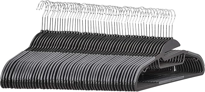 Amazon Basics Non-slip Heavy Duty Space Saving Plastic Hangers with Rubber and Horizontal Bar, Lightweight, Gray, Pack of 50