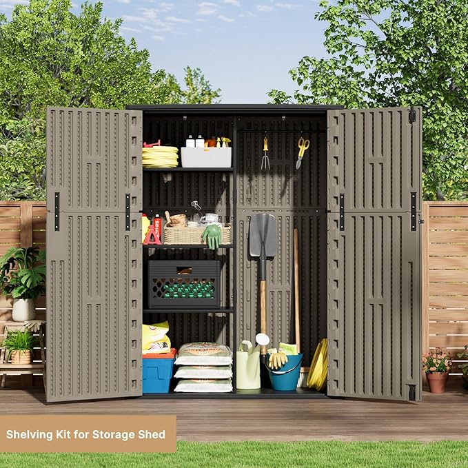 KINYING Outdoor Vertical Storage Shed,57 Cu.ft Outdoor Storage Cabinet Waterproof,Resin Sheds & Outdoor Storage Clearance for Garden,Patio,Backyard,Lockable (Brown)