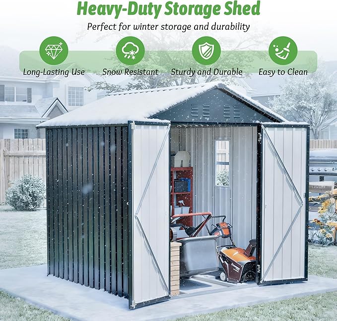 6x6 FT Outdoor Storage Shed with Lockable Doors & Sloping Roof & Clear Window & Floor Frame, Galvanized Steel Metal Garden Tool Shed for Backyard, Patio, Poolside
