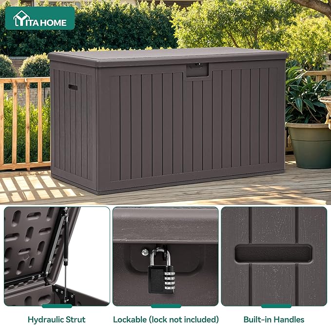 YITAHOME 220 Gallon Extra Large Deck Box, Double-Wall Resin Outdoor Storage Box with Flexible Divider for Patio Cushions Pool Supplies Garden Tools, 990 lbs Load Capacity, Lockable (Brown)