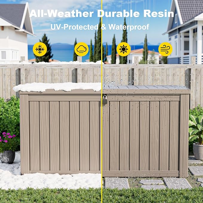 180 Gallon Resin Outdoor Deck Box Waterproof Patio Furniture, Garden Tools, Cushions, Pool Accessories Outside Storage Box (180 Gallon,Grey)