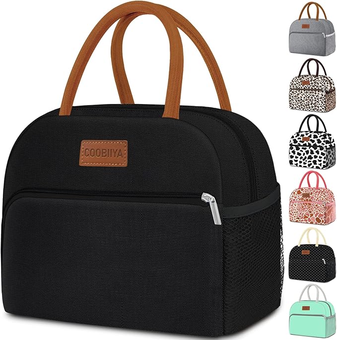 Coobiiya Lunch Box Lunch Bag for Women Men,Reusable Cute Lunch Pail bag,Leakproof,Insulated LunchBox Tote Compact 10L, Cooler Lunch Container for Work Travel Office (Black)