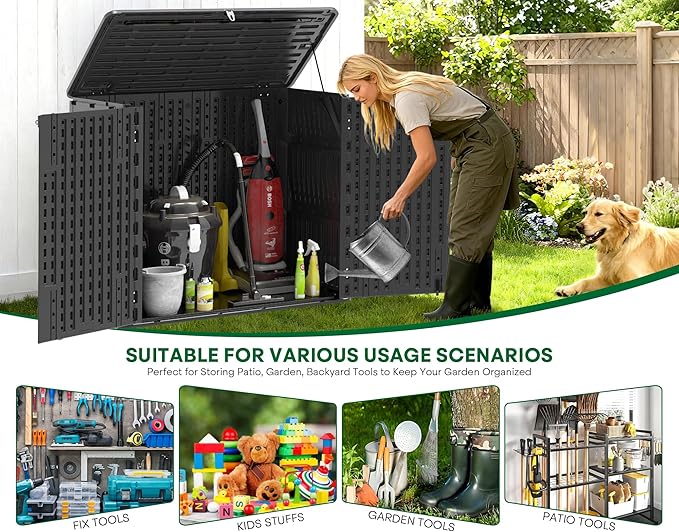 30 Cu.Ft Outdoor Storage Shed, Multi-Purpose Weather-Resistant Utility Shed for Garbage Cans, Lawn Mower, Garden Tools, Waterproof Resin Horizontal Cabinet with Pad-Lockable Doors (Black)
