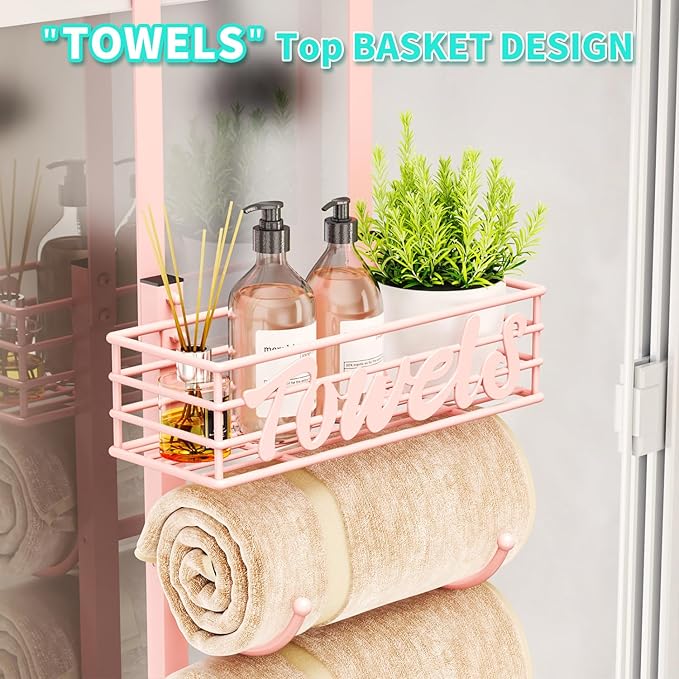 HapiRm Towel Racks for Bathroom Storage - 9 Tier Over The Door & Wall Mount Rolled Towel Storage Organizer Holder with Metal Shelf Basket for Small Bathroom, Camper, Rv - Pink, Patented