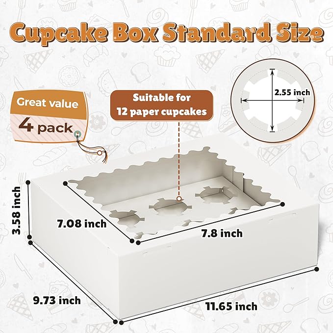4 Pack Cupcake Boxes, Hold 12 Standard Cupcakes, Cupcake Containers with Window and Inserts, High Grade Cupcake Holder, for Birthday Holiday Party, Supplies for Cupcakes, Desserts and More
