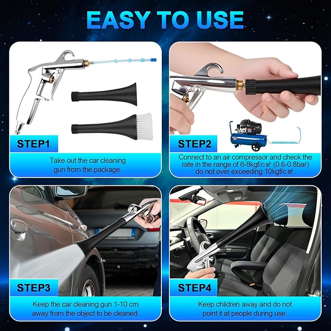 2 Nozzles Air Cleaning Gun, Dry Cleaning Gun Quickly Blasts Dust, Dirt and Grime from Surface, Dryer Air Blow Gun Works with Air Compressor, Car Detailing Tool for Interiors Exteriors Deeply Cleaning