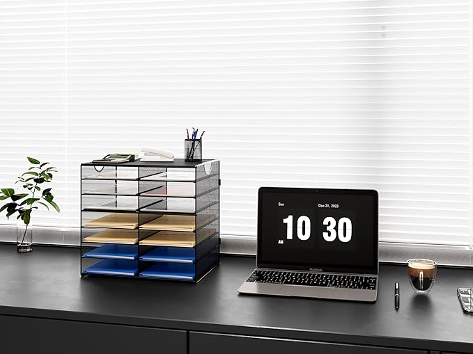 EasyPAG Paper Trays for Classroom 14 Tier Mesh Desk Organizer Shelves with Handle A4/Letter Size File Folder Organizer Shelf for Office, School, Home, Black