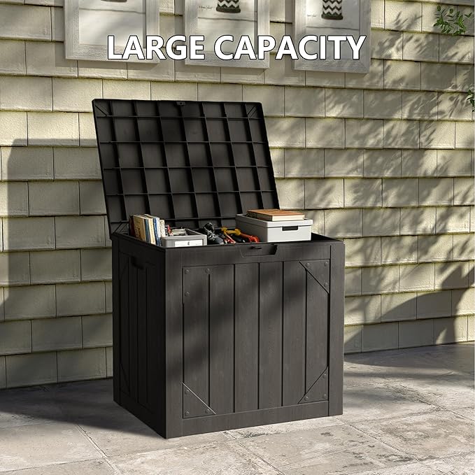 Outdoor Storage Box, 30 Gallon Lockable Resin Deck Box Waterproof, Patio Storage Bin for Furniture Cushion, Garden Tools and Pool Accessories, UV-Resistant Bench Cabinet for Outside, Black
