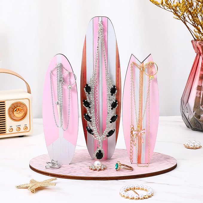 DIVINA VITAE Jewelry Organizer Stand, Cute Coastal Ocean Surfboard Decor, Preppy Beach Themed Room Decor Aesthetic, Coastal Dedroom Decoration Wooden Hawaii Surfer Gift for Teen Girls(Pink)
