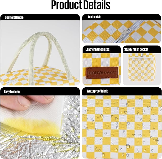 Lunch Bag Women/Men Lunch Box Women/Men (Yellow+White Checkerboard)