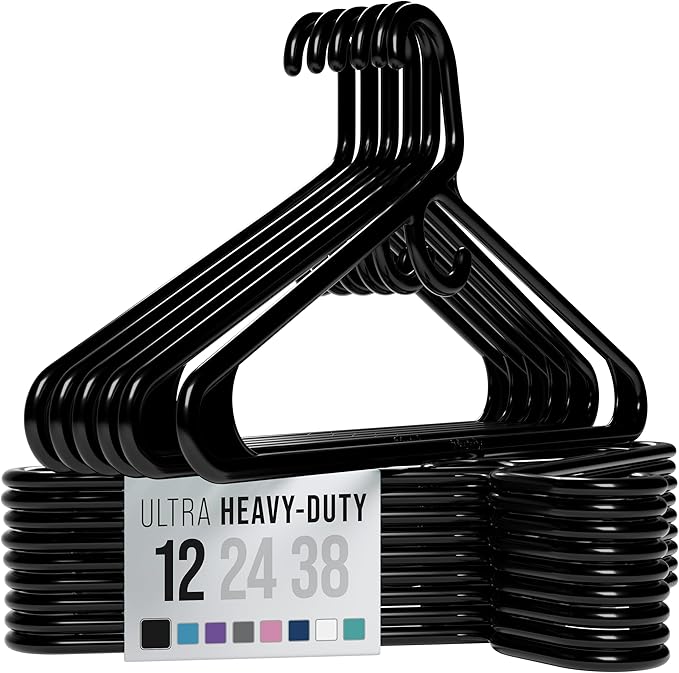 NEATERIZE Ultra Heavy Duty Plastic Clothes Hangers - Black - Durable Coat, Suit and Clothes Hanger. Perchas De Ropa (12 Pack - Black)