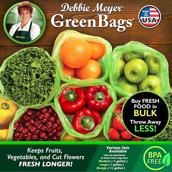 Debbie Meyer, GreenBags 40-Pack (16M, 16L, 8XL) | Reusable Storage Bags Keeps Fruit, Vegetables, Produce, Cut Flowers Fresh Longer, Kitchen & Fridge Preservation Solution, BPA Free, Made in the USA