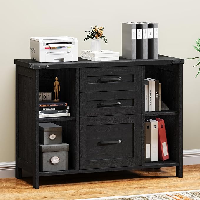 3 Drawer File Cabinet, Farmhouse Lateral Filing Cabinet Fits Files Letter or A4 Size, Wooden Printer Stand with Open Storage Adjustable Shelf for Home Office, Black