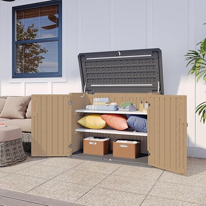 Aoxun Outdoor Storage Cabinet 35 Cu.Ft 2 Shelves, Outdoor Trash Can Storage Shed Waterproof Horizontal Storage Shed Outdoor Storage for Garbage Bin, Generator, and Lawn Mower (Brown)