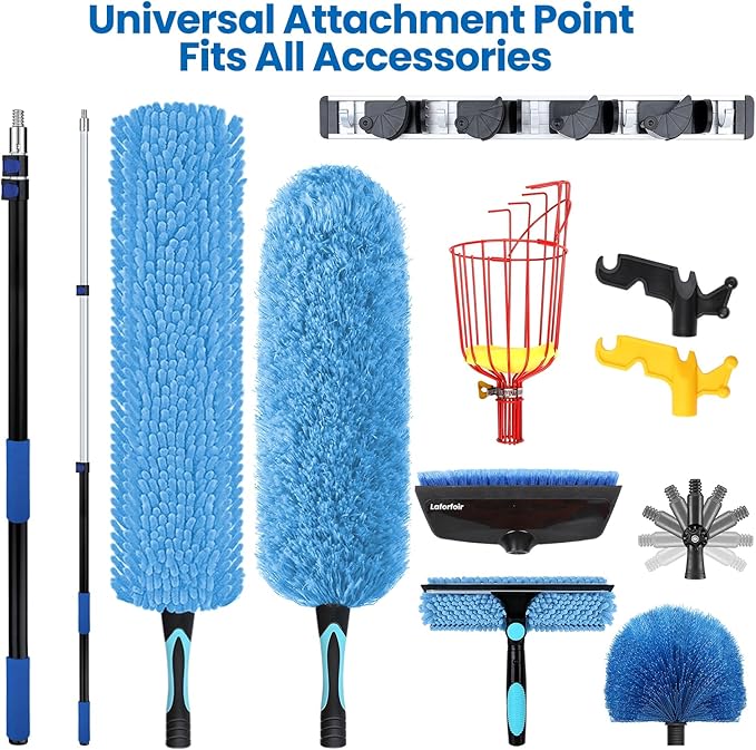 36ft High Ceiling Duster Kits with 5-30ft Heavy Duty Extension Pole - Fan Blade Cleaner, Cobweb Remover & Blue Window Squeegee Kit, Washable Dust Brush for High Roof and Glass Surfaces