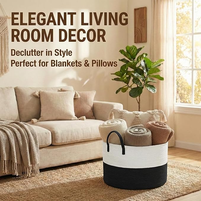 115L Extra Large Blanket Basket for Living Room - Woven Cotton Rope Laundry Hamper with Reinforced Handles - Storage Bin for Pillows, Comforters & Toys - Machine Washable,White&Black