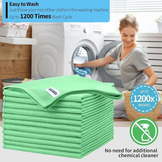 HOMERHYME Microfiber Cleaning Cloth, 12 Pack Window Glasses Cleaning Cloth, Reusable Lint-Free Streak Free Polishing Cloth Wipes for Stainless Steel, Eyeglass, Mirror, Screen & Lense, Sage Green