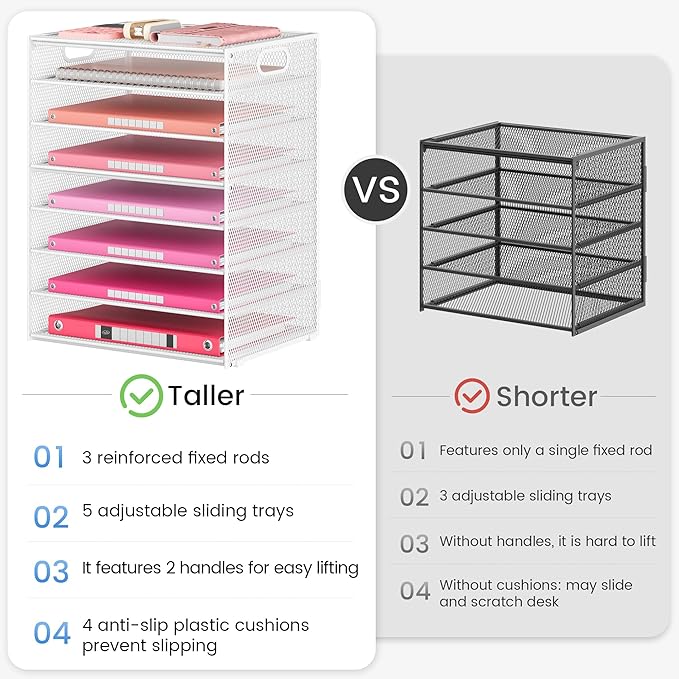 Lavatino 8-Tier Letter Tray Desk Paper Organizer, Mesh File Tray Organizer for Desk, Office Supplies & Home Organization, Fits A4 Paper, Mail, Magazines and Office Accessories (White with Handle)