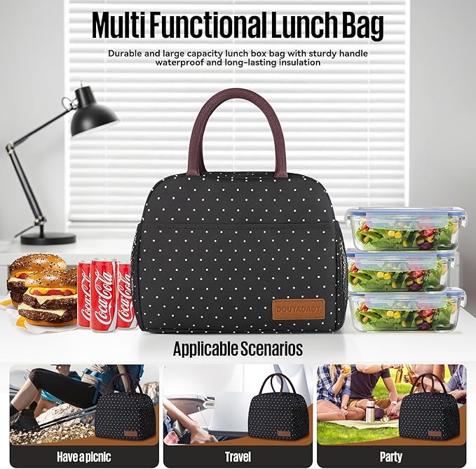 Lunch Bag Women/Men Lunch Box Women/Men (black polka dot)