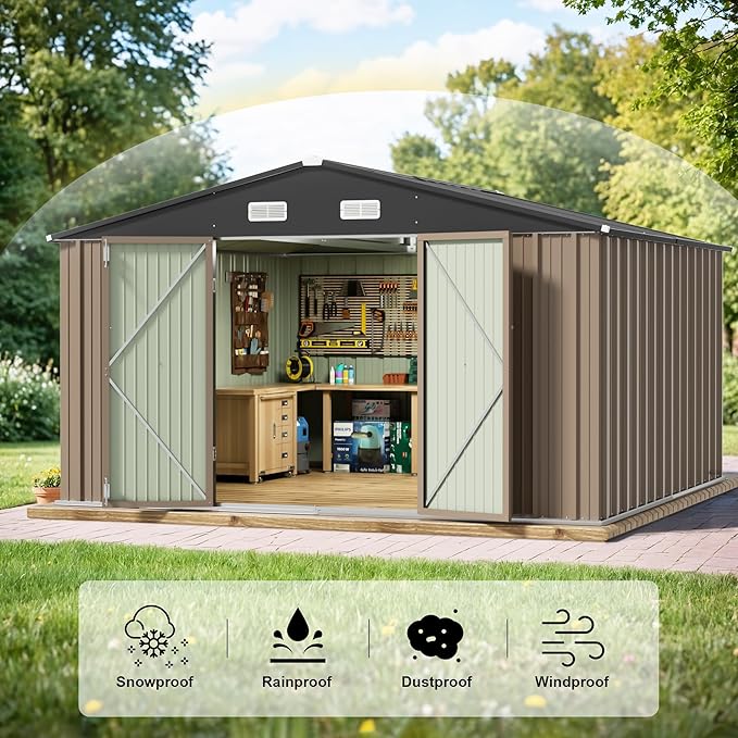 JUMMICO 10 x 8 FT Outdoor Storage Shed, Large Metal Garden Shed & Tool Sheds for Backyard Garden Patio Lawn (Brown)