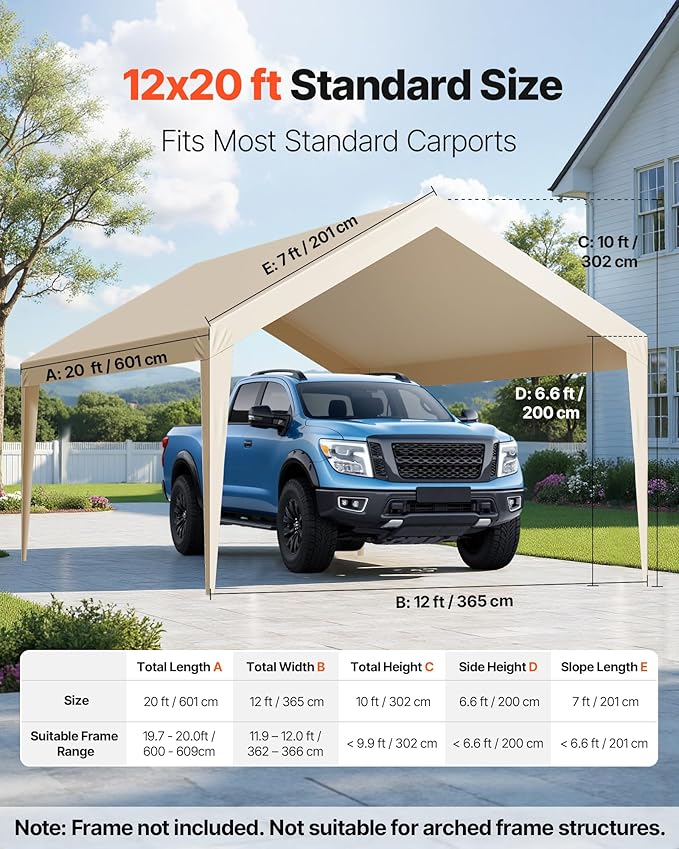 VEVOR Carport Replacement Canopy Cover, 12 x 20 ft Potable Garage Tent Top Tarp, UV-Resistant & Waterproof Car Shelter Tarp, Heavy Duty Car Port Cover with Ball Buggees, Beige, Frame Not Included