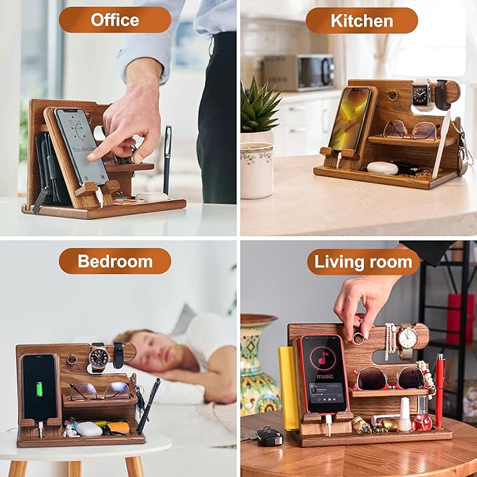 TESLYAR Wood Phone Docking Station for Men - Desk or Nightstand Organizer - Birthday Gifts for Husband or Dad - Anniversary Idea from Wife - Key Holder, Stand Wallet, Watch & Essentials (Earth Beige)
