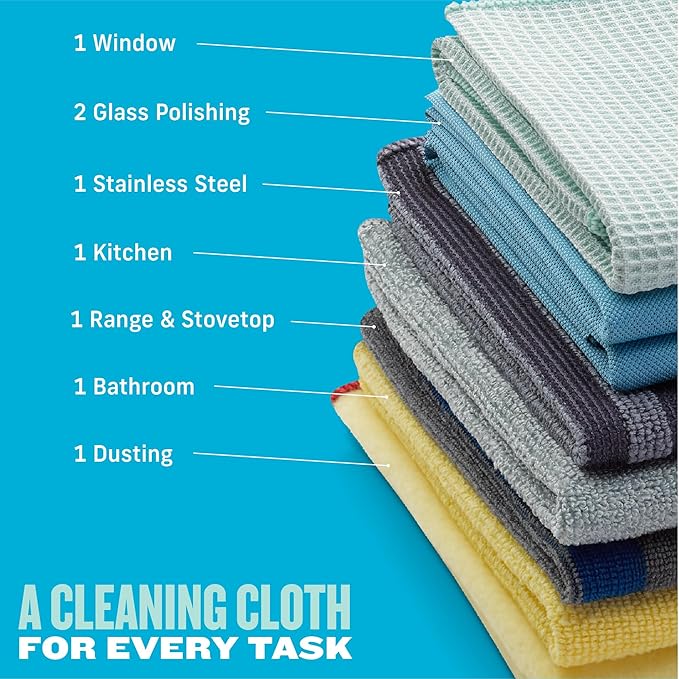 E-Cloth Home Cleaning Set, Premium Microfiber Cleaning Cloth, Household Cleaning Tools & Supplies for Dusting, Bathroom, Kitchen & Cars, Washable & Reusable, 100 Wash Guarantee, 8 Piece Set