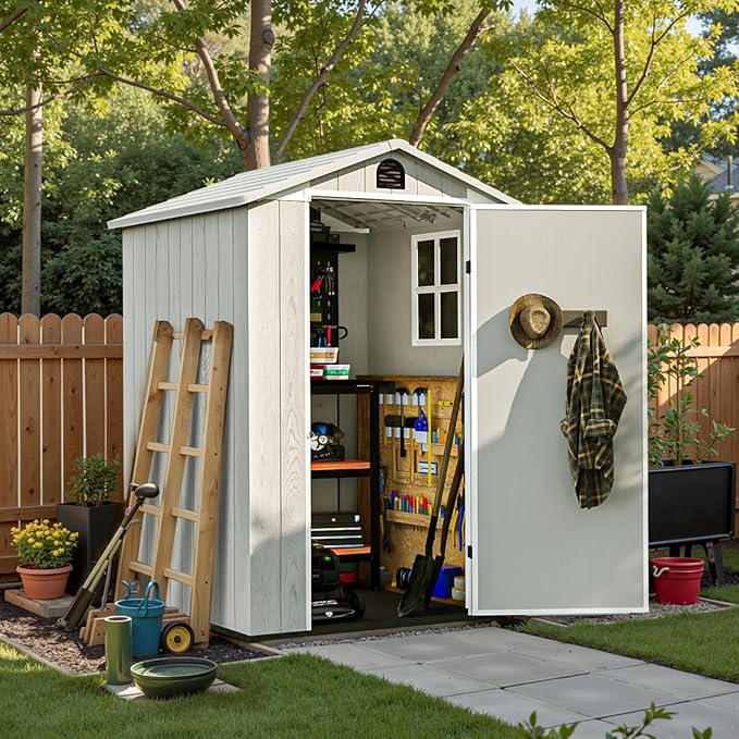 Patiowell 4 x 4 FT Plastic Outdoor Storage Shed with Floor, Garden Tool Shed with Two Windows and Single Lockable Door for Garden, Backyard, Lawn, Easy to Install, Light Grey