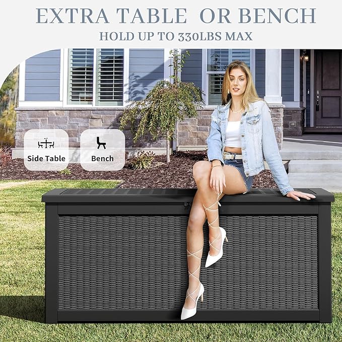 NUNU LAB Outdoor Storage Box, 320 Gallon Deck Box, Resin Waterproof Outside Storage Bench, Outdoor Storage Cabinet With Lockable Lid, Backyard Deck Box For Garden Tools, Patio Cushions, Black