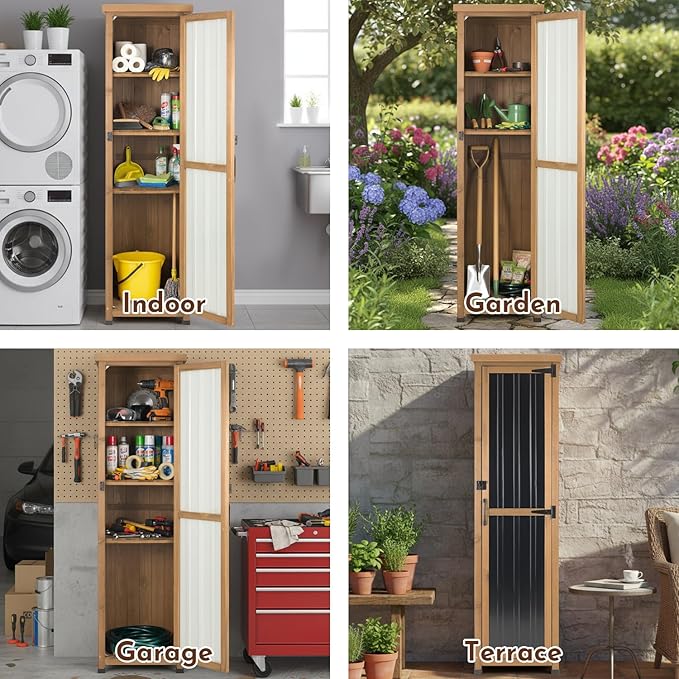 Outdoor Storage Cabinet, 62" Tall Thin Garden Cabinet with Adjustable Shelf and Weather-Resistant Design Farmhouse Accent Cupboard for Patio, Garden, Yard or Porch (18" L x 18" W x 62" H)