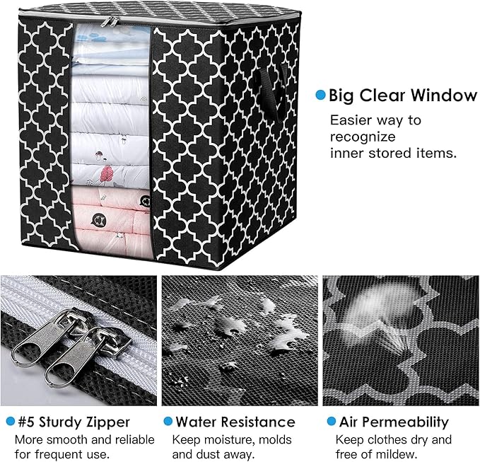 WISELIFE Storage Bags 4 Pack/100L Large Blanket Clothes Organization and Storage Containers for Comforters,Bedding, Foldable Organizer with Reinforced Handle, Clear Window, Sturdy Zippers,Black